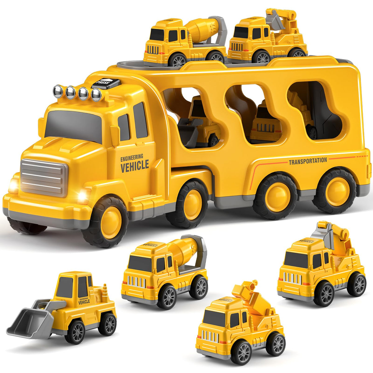 Bennol 5-in-1 construction trucks crane sparks pretend builds and motor skill development.