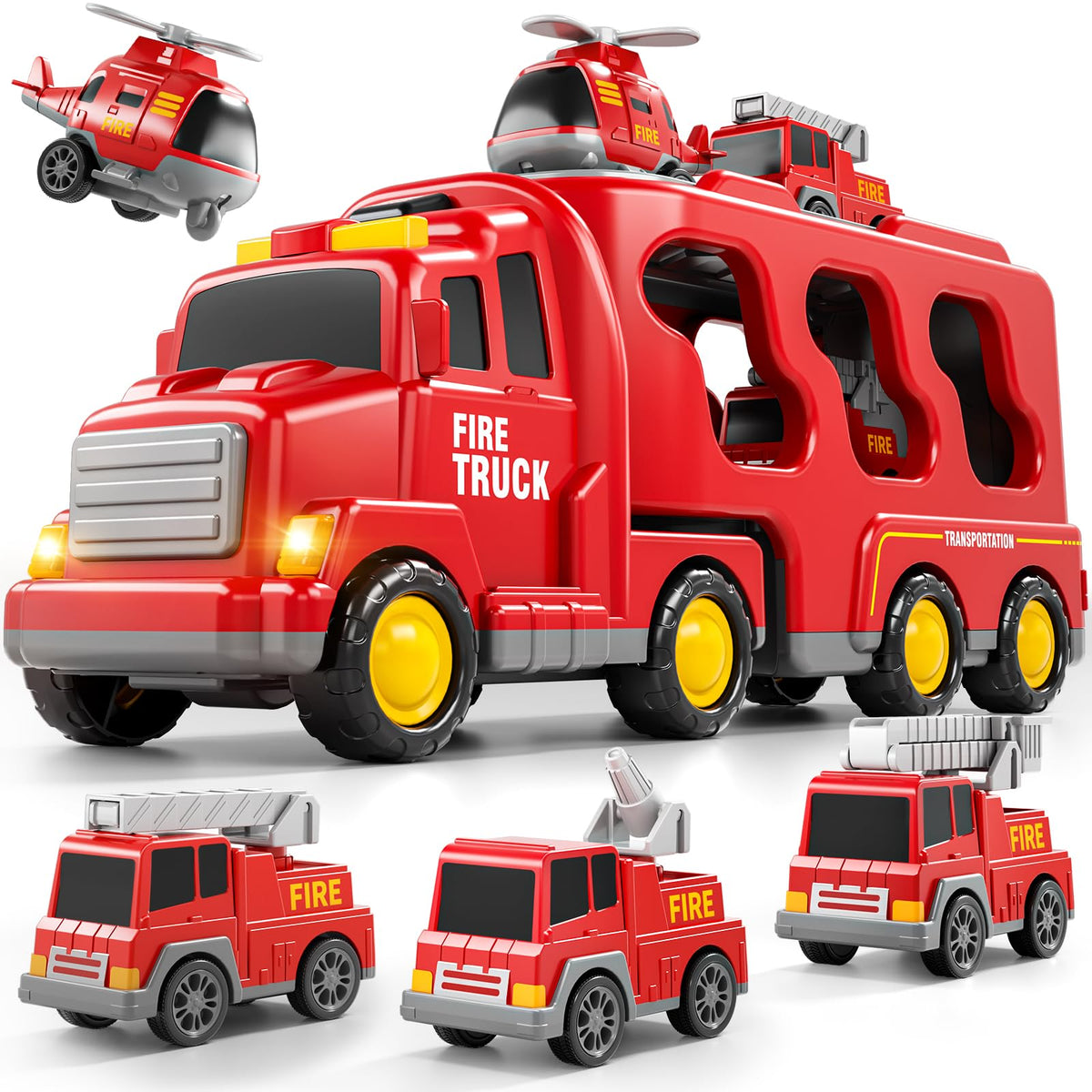 Bennol 5-in-1 Fire Trucks Set with large transport truck for imaginative play