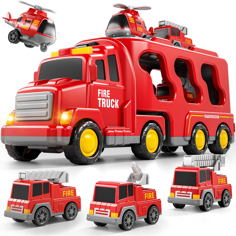 Bennol 5-in-1 Fire Trucks Set with large transport truck for imaginative play