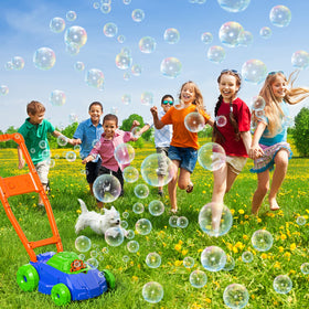 Bennol Bubble Lawn Mower showing bubble action with two wand sizes.