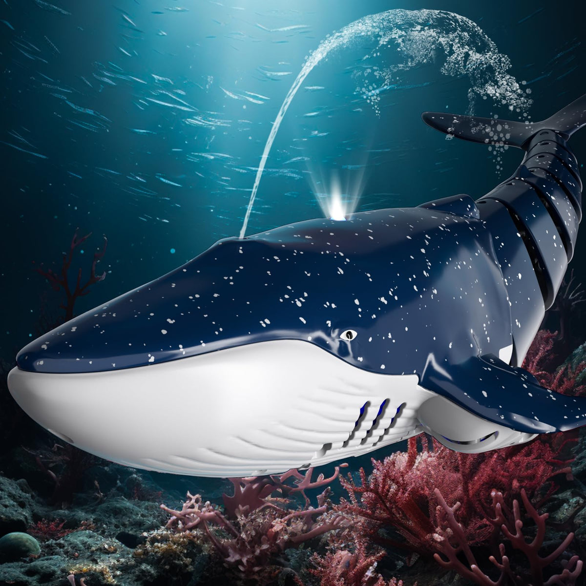 Bennol 2.4GHz RC shark demonstrates precise forward, backward, and spray action.