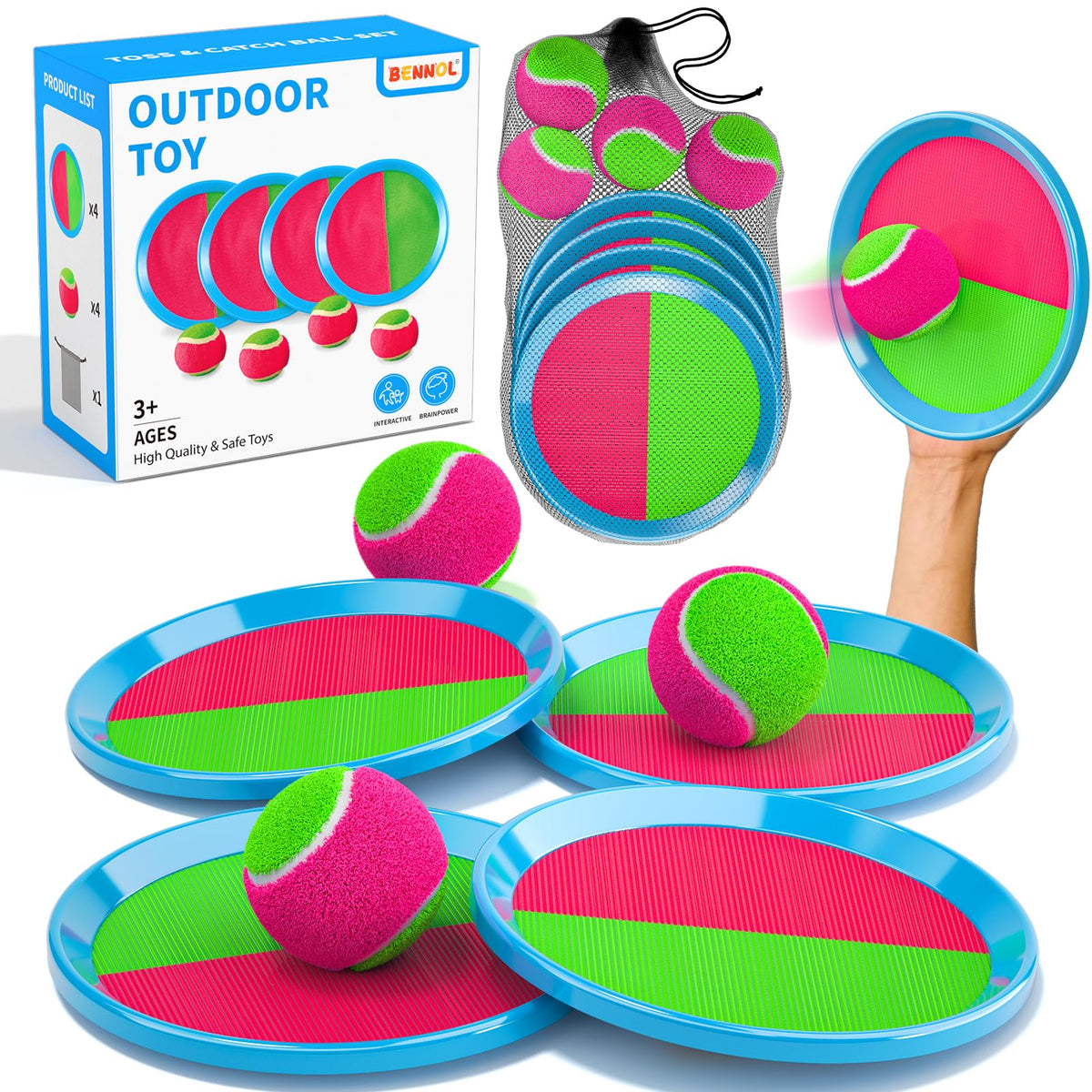 Bennol Toss and Catch paddles in action for kids' outdoor play and hand-eye coordination.