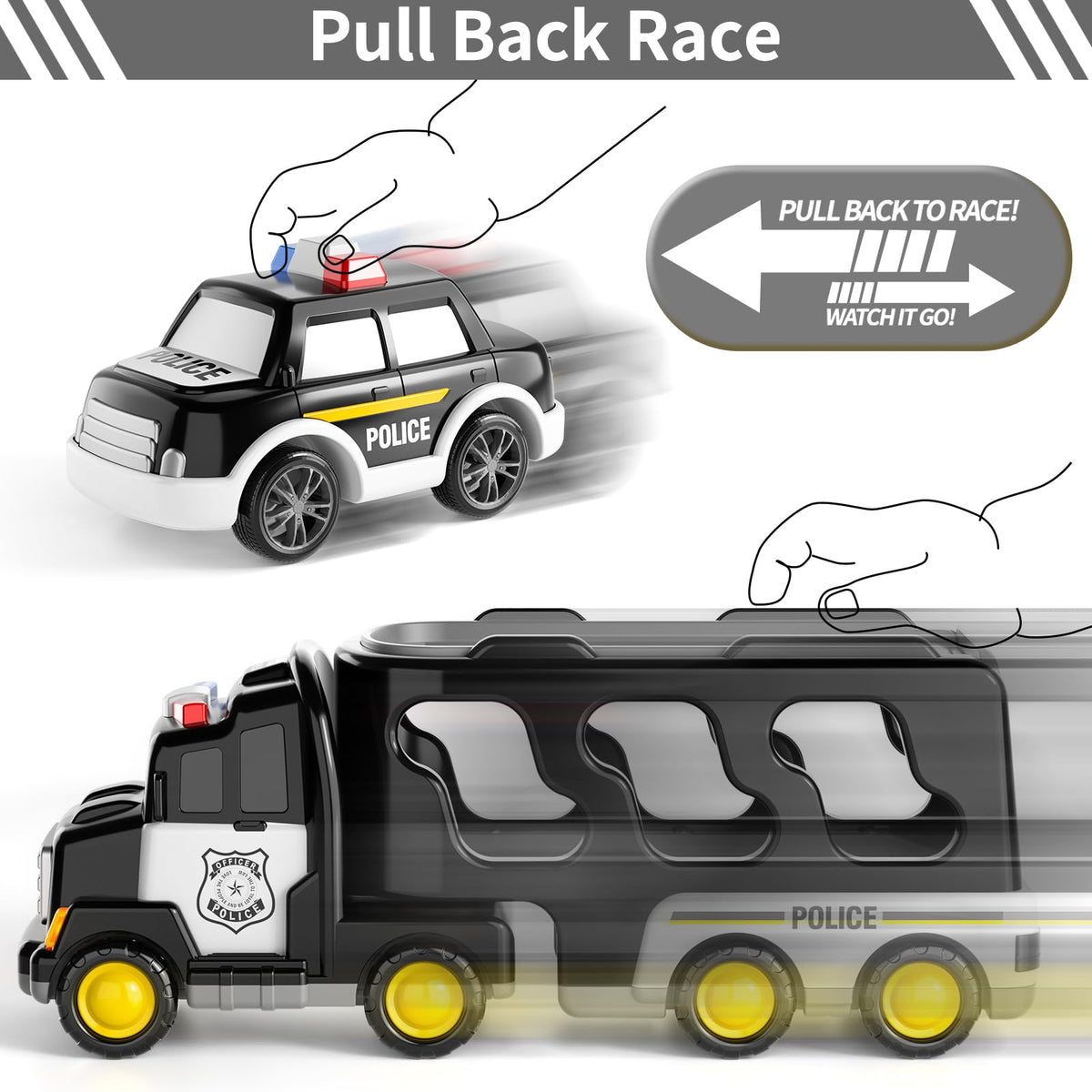 Bennol trailer carrying four mini police cars keeps play organized