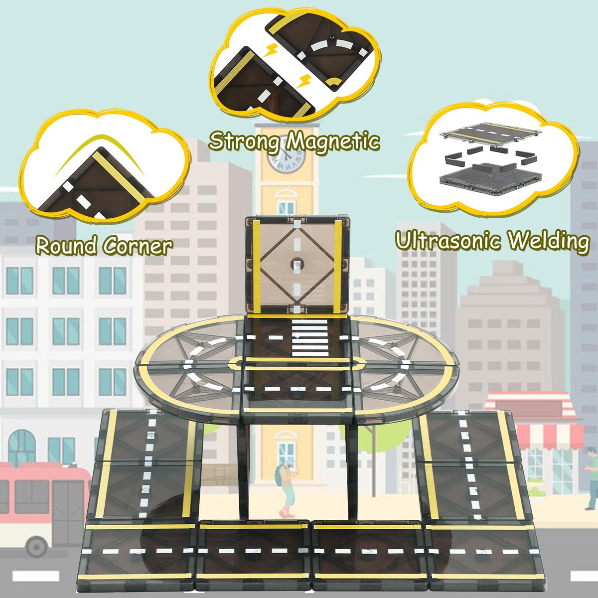 BENOKER Magnetic Tiles Road Set colorful designs spark imaginative road building