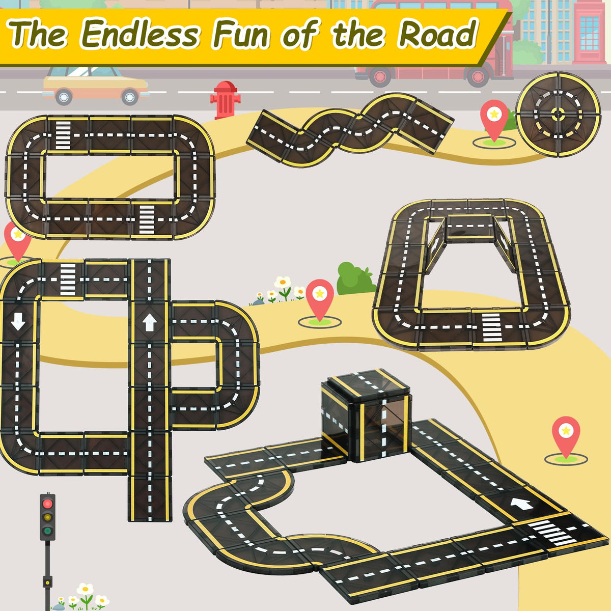 BENOKER Magnetic Tiles Road Set viaducts and tunnels for immersive play