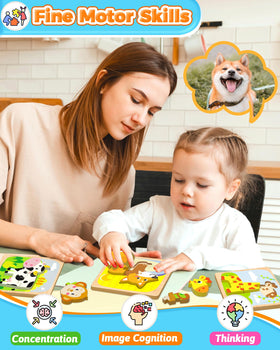 Benresive wooden puzzles feature bright colors that attract toddlers during play.