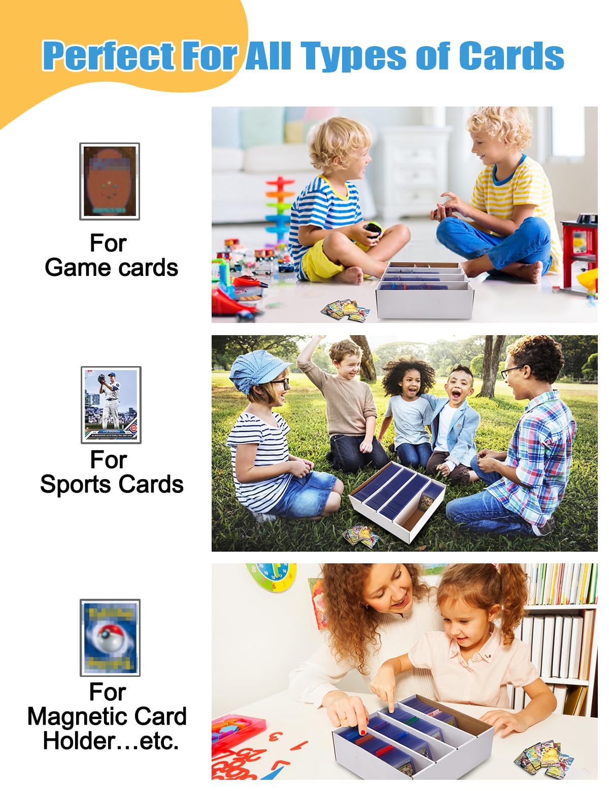 Bentoward storage boxes organize baseball and basketball cards neatly.