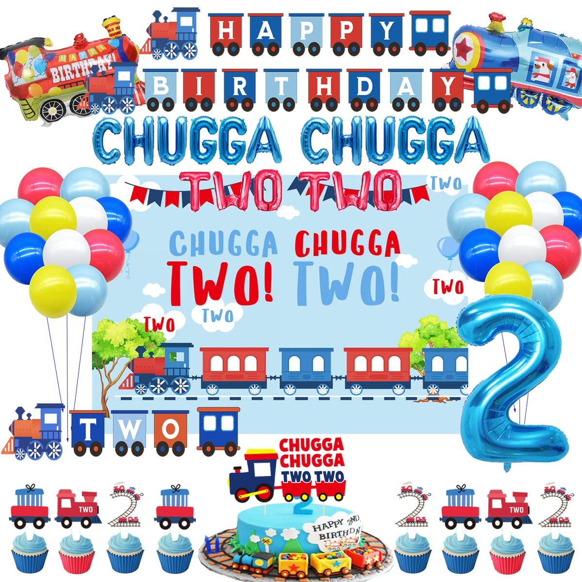 BEOXAGAR Chugga banner with train motif for a festive 2nd birthday setup.