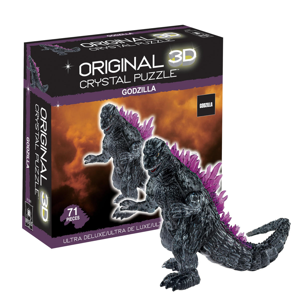 Bepuzzled Godzilla Ultra Deluxe 3D crystal puzzle front view, perfect desk display.