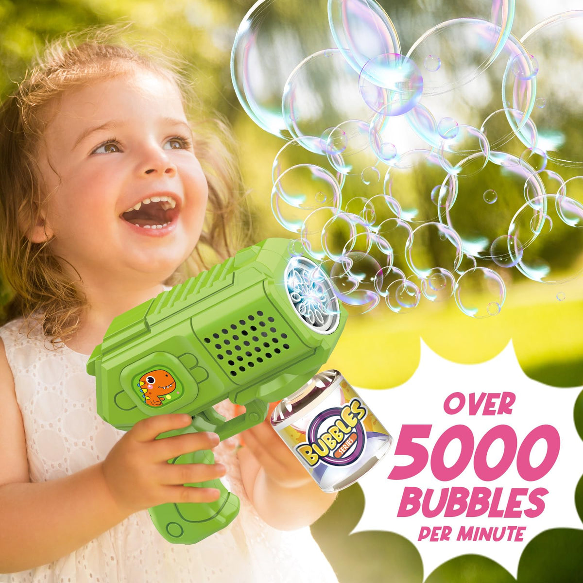 Beria bubble guns green gun delivering colorful bubbles for kids to chase.