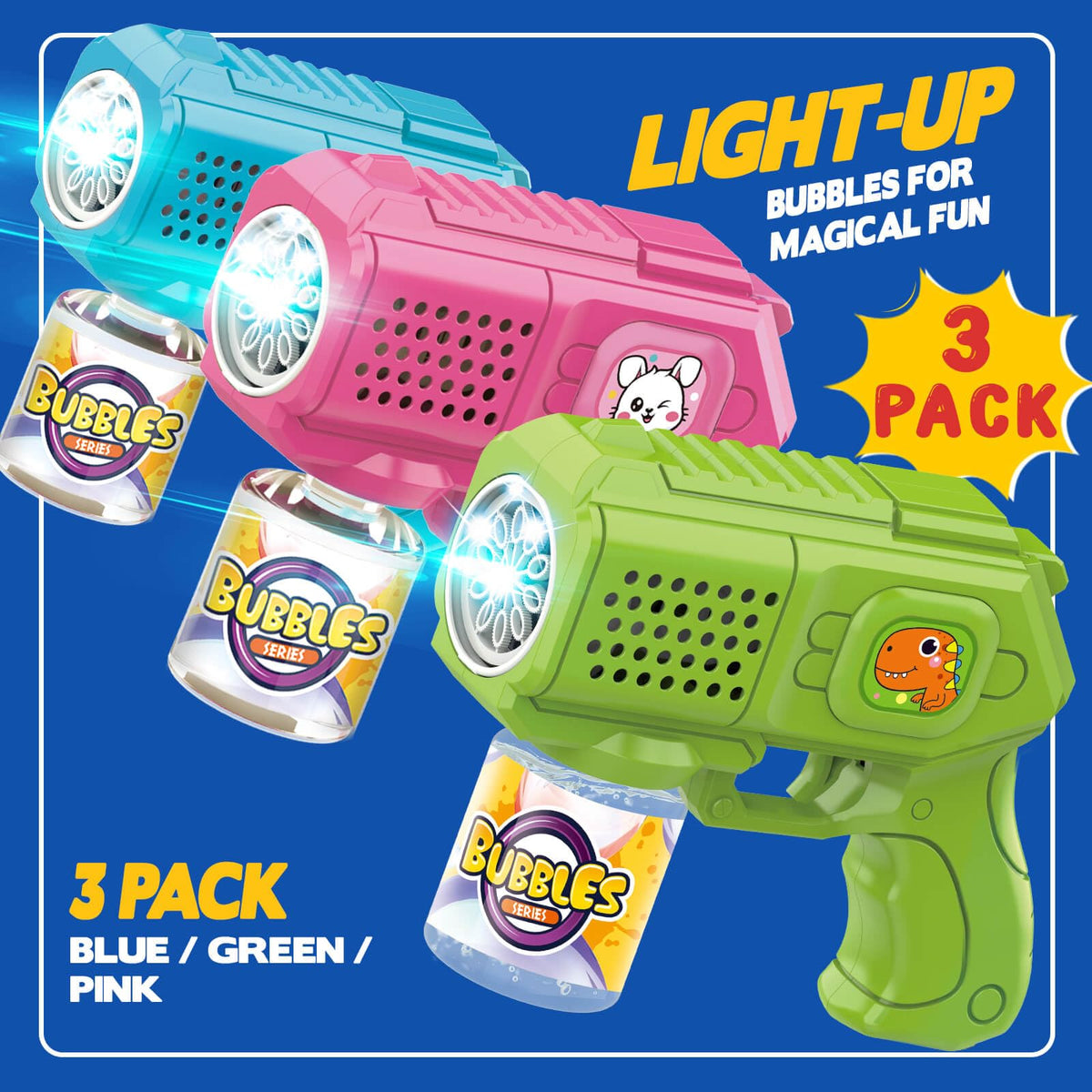Beria bubble guns with LED light-up for magical play sessions.