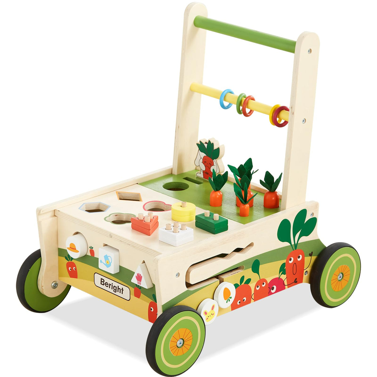 Beright 12-in-1 wooden baby walker with colorful rings to boost motor skills during play