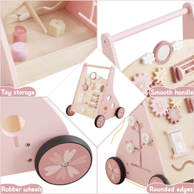 Beright pink walker includes beads and gears for hands-on learning.