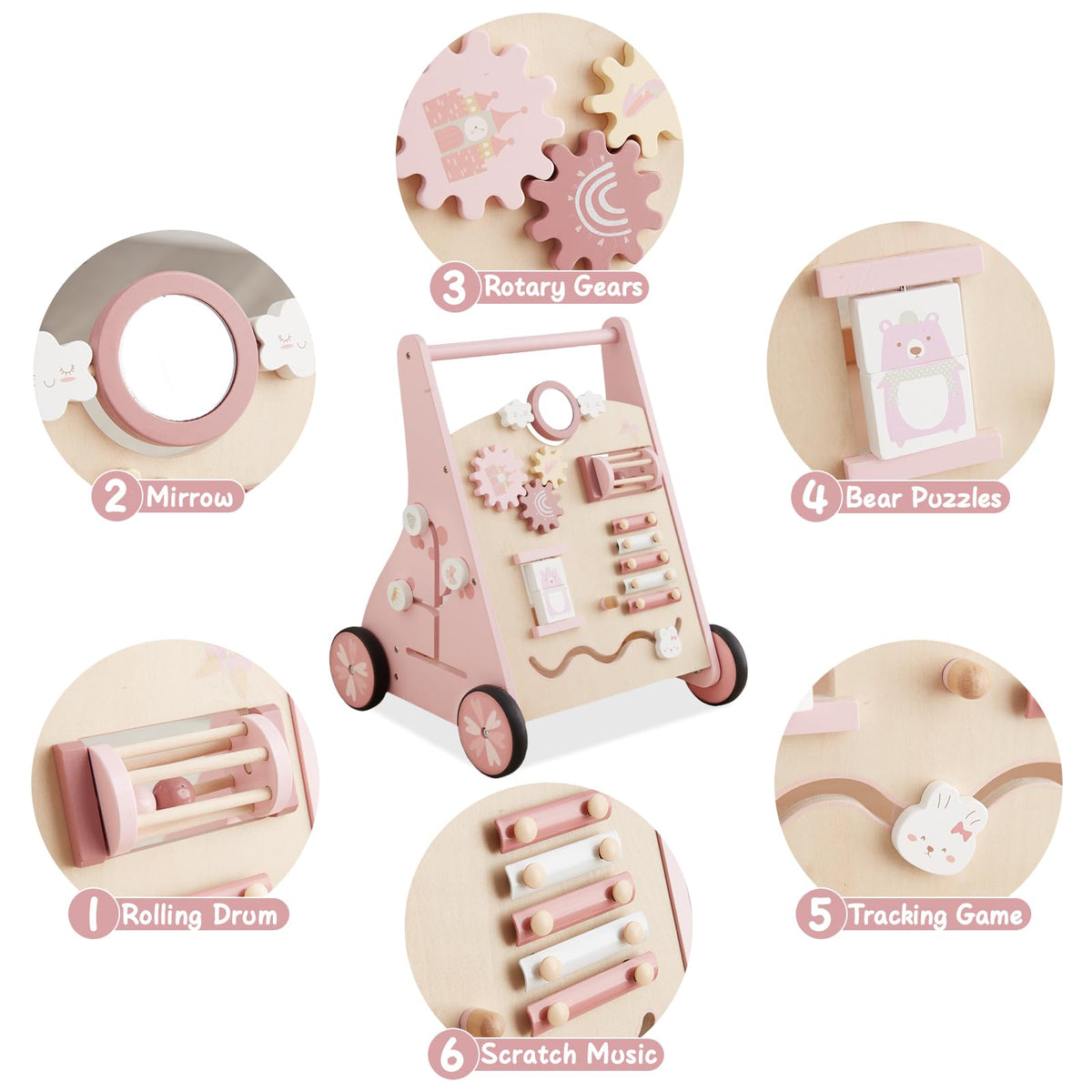 Beright pink walker with mirror encourages self-discovery during play.