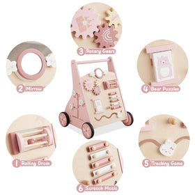 Beright pink walker with mirror encourages self-discovery during play.