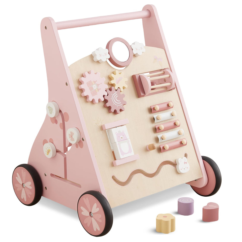 Beright pink wooden baby walker with push-pull action supports early motor skills.