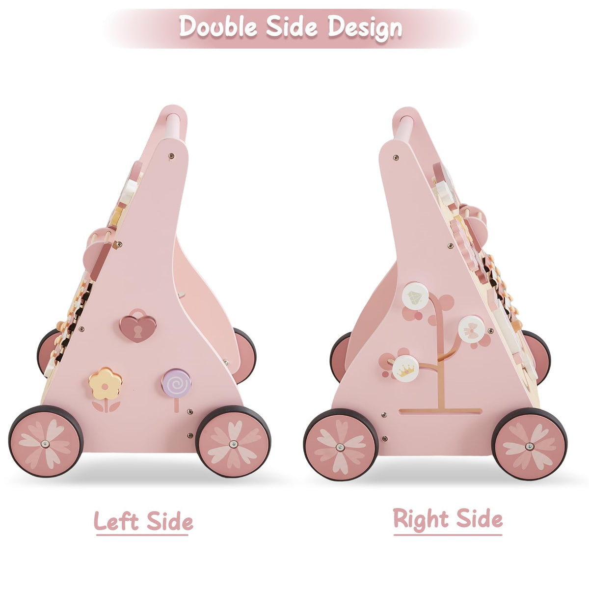 Beright pink walker featuring shapes puzzle for problem-solving play.