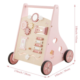 Beright pink wooden walker with xylophone for musical exploration.