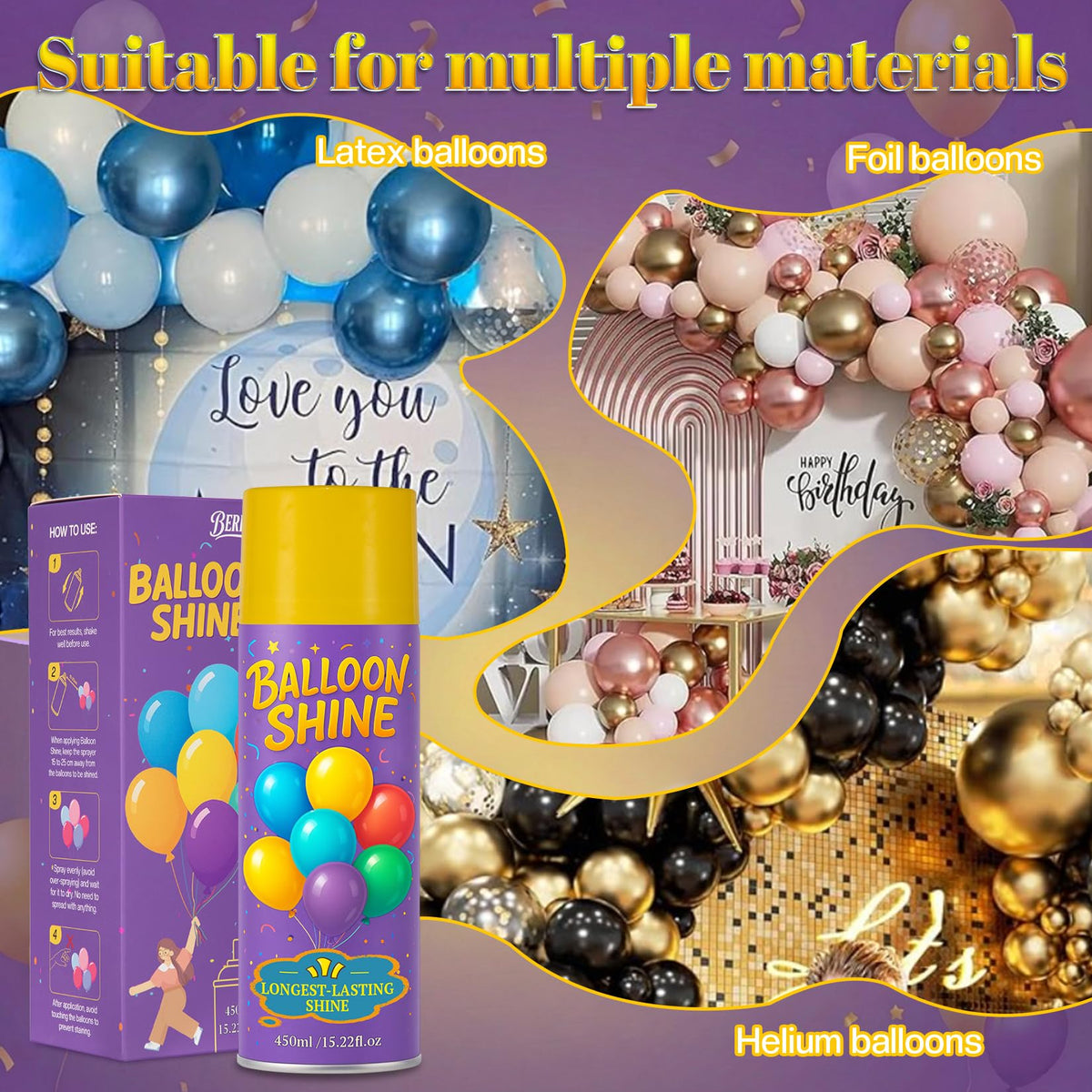 BERIOVE Shine on latex, foil, and helium balloons for versatile use.