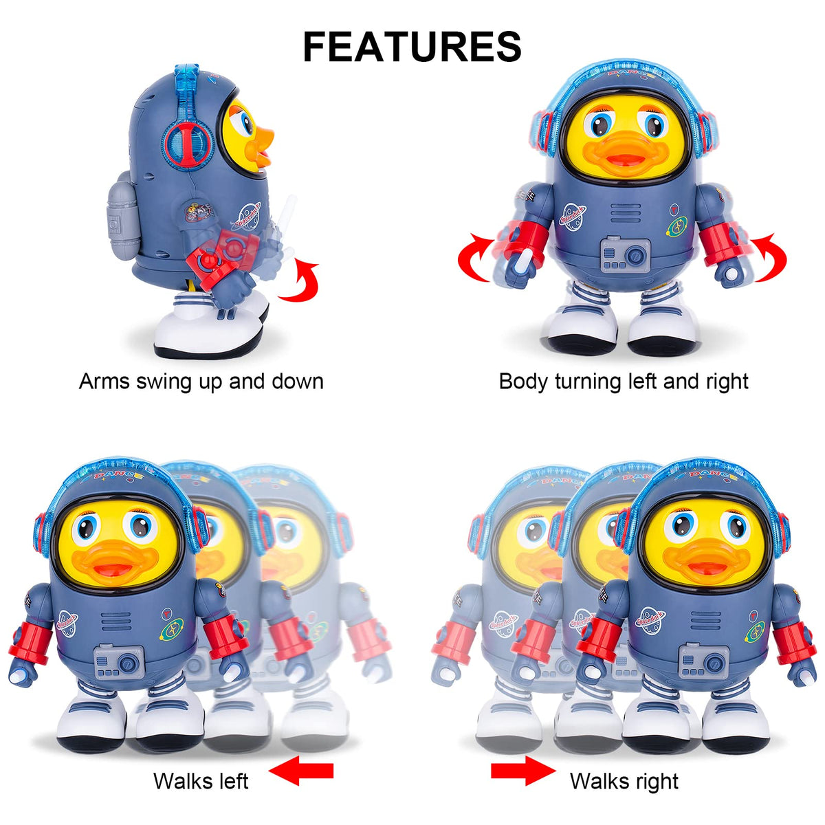 Berry President Space Duck blinking eyes adds interactive curiosity during play.