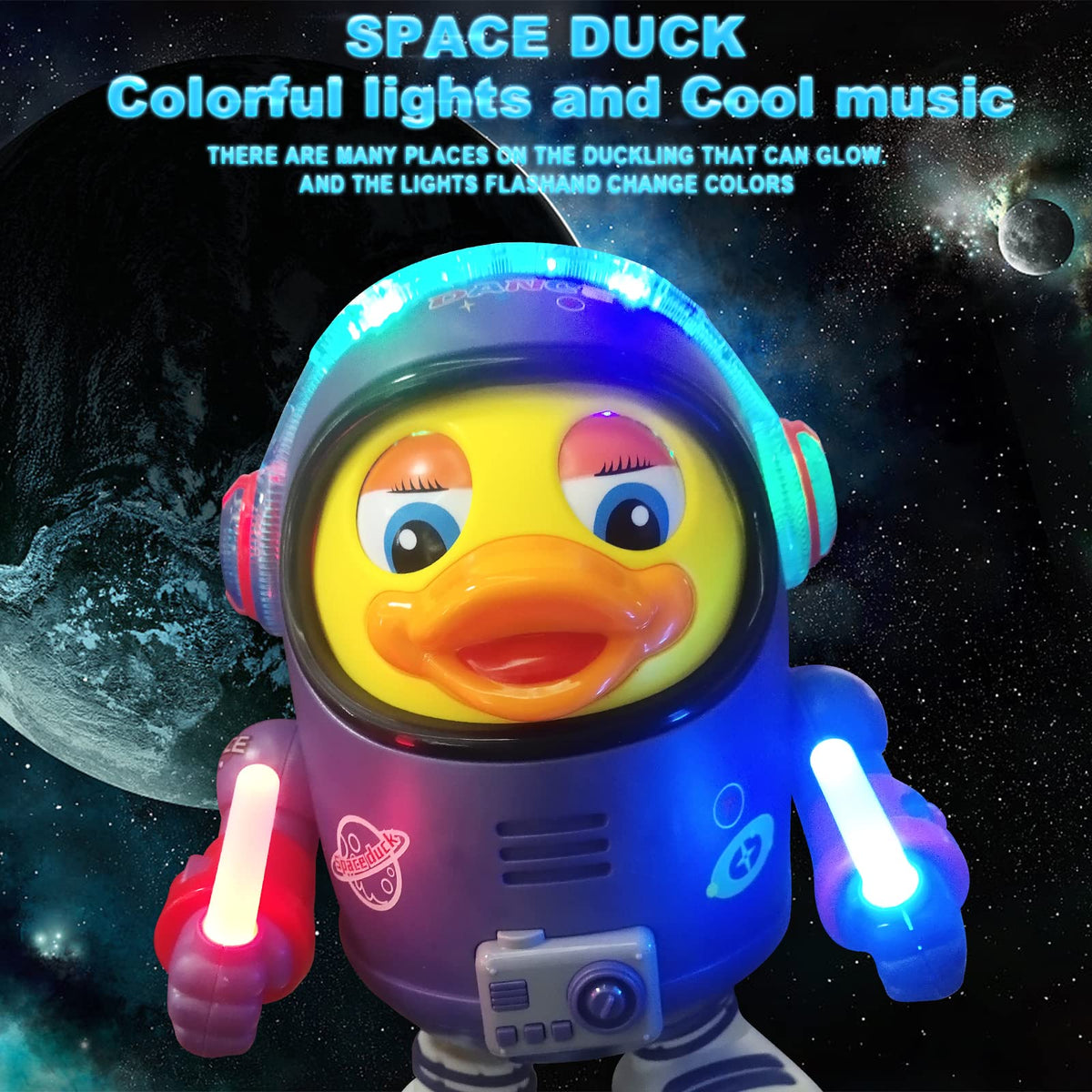 Berry President Space Duck lights up, inviting visual exploration for babies.