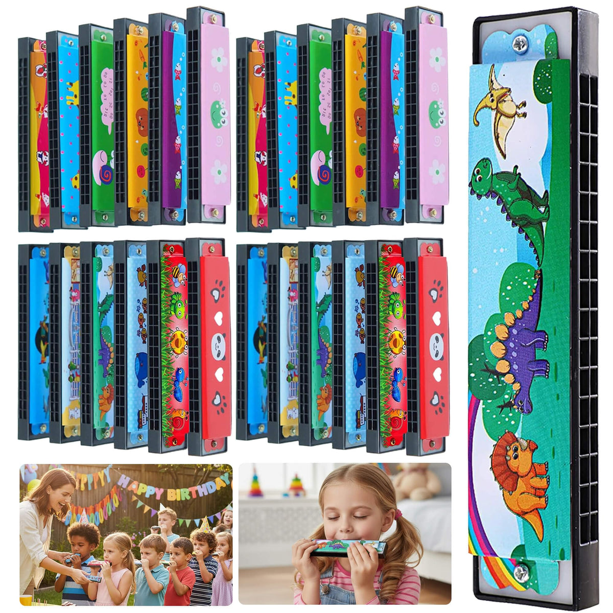 Bertork 24-pack harmonicas with colorful cartoon patterns, ideal party favors for kids' goodie bags.