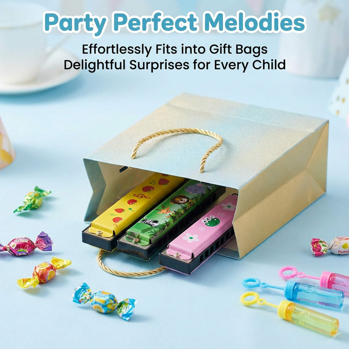 Bertork harmonicas with animal designs and bright colors for playful learning.