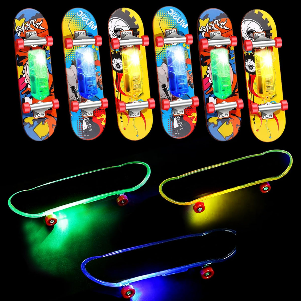 Beselley LED mini finger skateboard glows on a dark track for night play