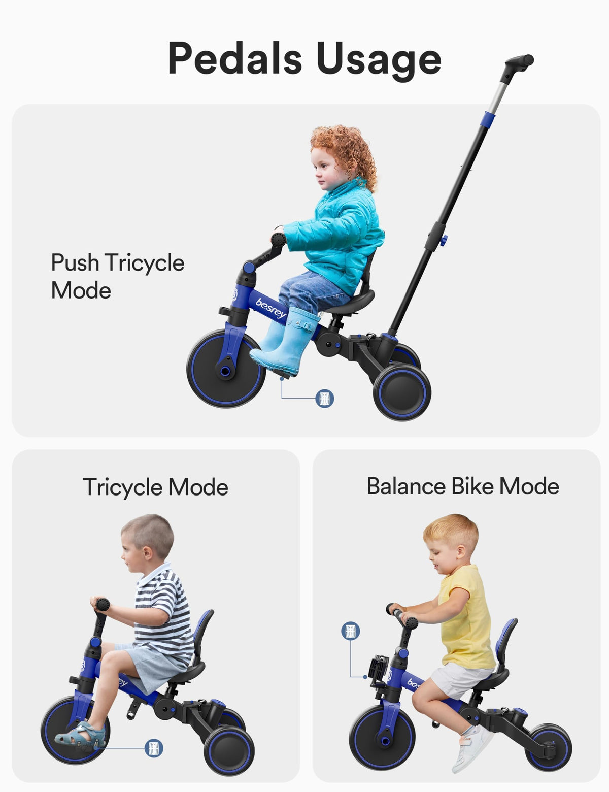 Besrey 4-in-1 Toddler Bike adjustable handlebar for a comfortable fit.