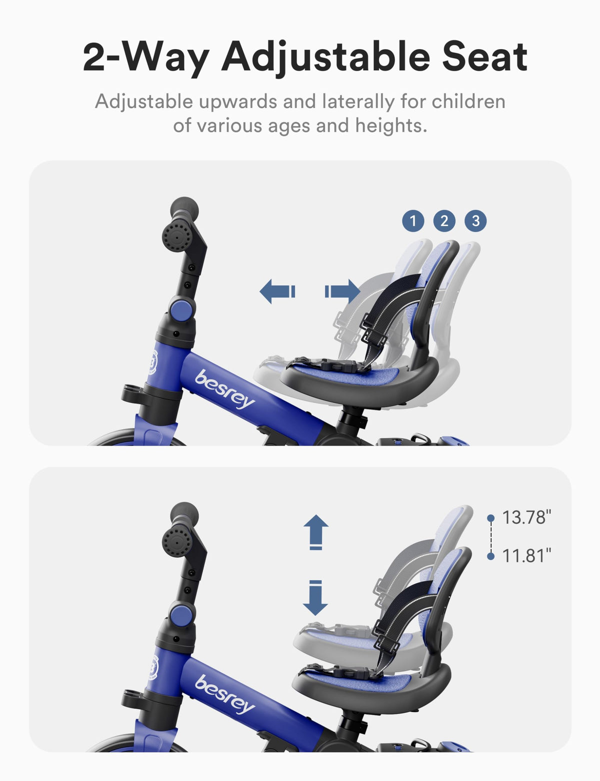 Besrey 4-in-1 Toddler Bike adjustable seat grows with your child.