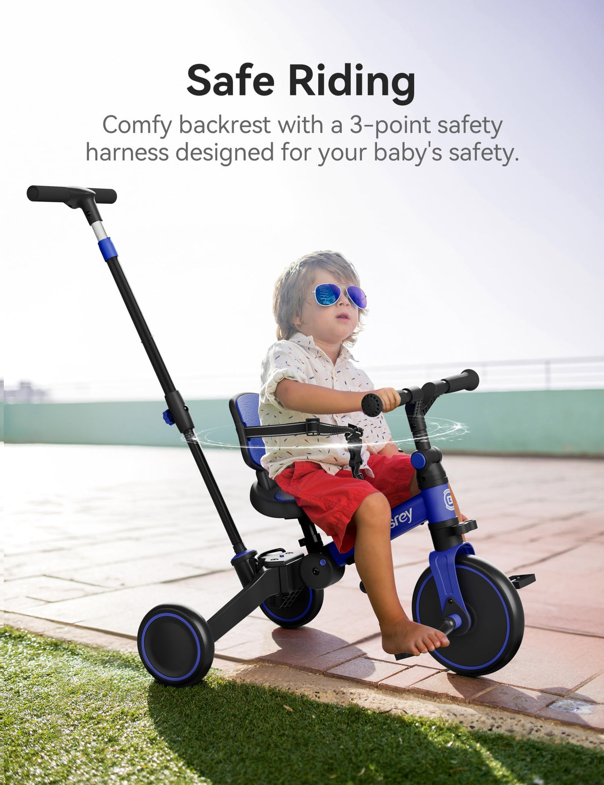 Besrey 4-in-1 Toddler Bike three-point harness helps keep young rider secure.