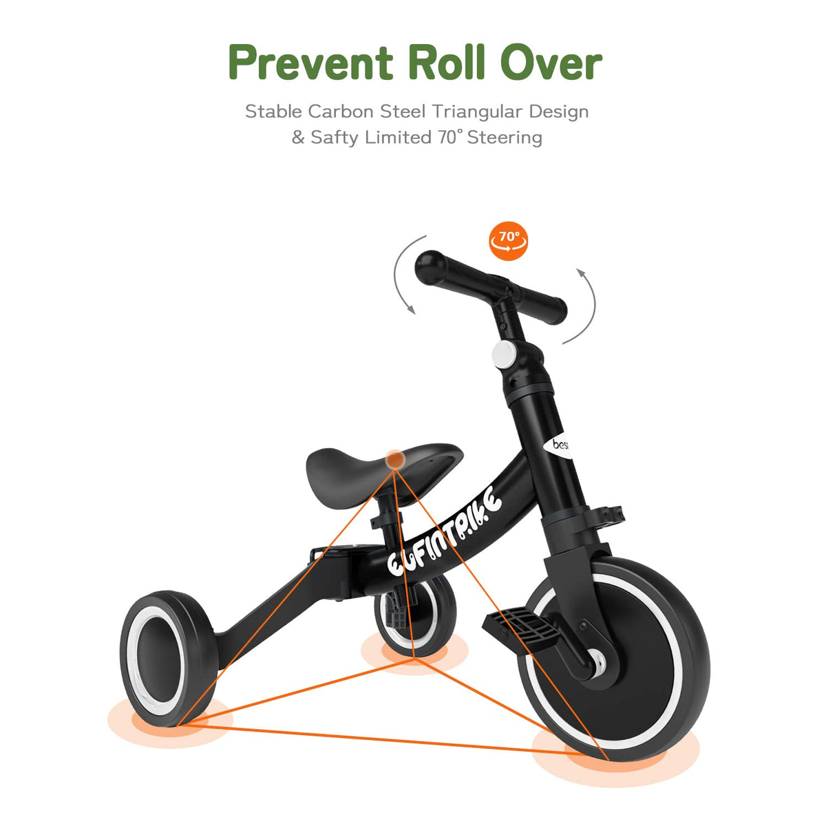 Besrey 5 in 1 toddler bike 70 degree steering limit helps prevent tipping during play