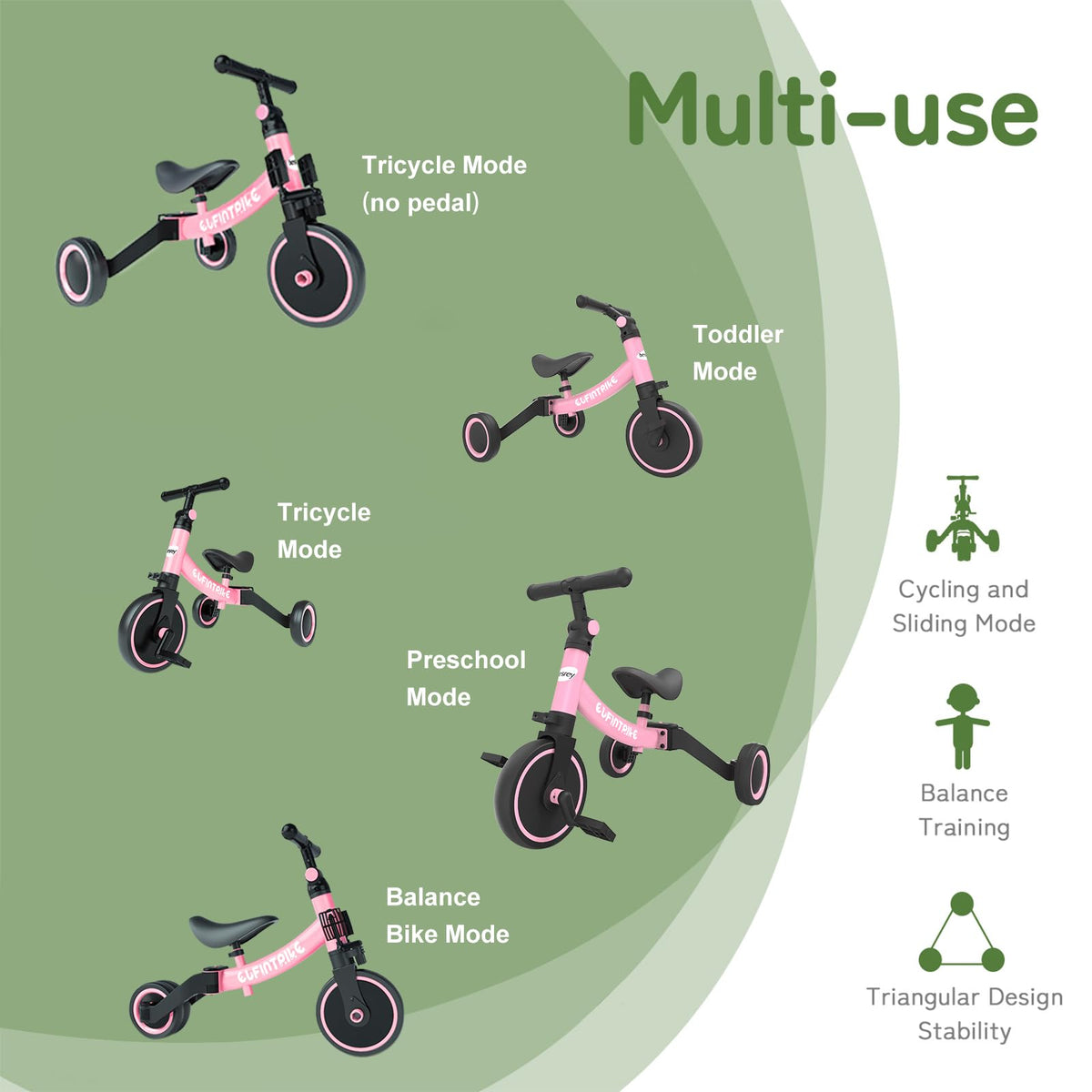 Besrey 5-in-1 toddler bike front angle highlighting curved carbon steel frame for safety.