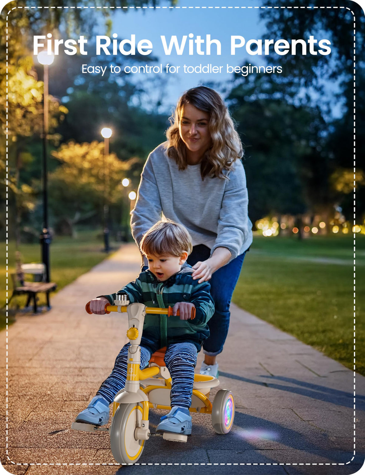 Besrey adjustable seat on the yellow tricycle to grow with the child.