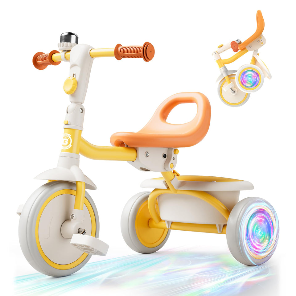 Besrey colorful lighting toddler tricycle front wheel glows for visibility during rides.