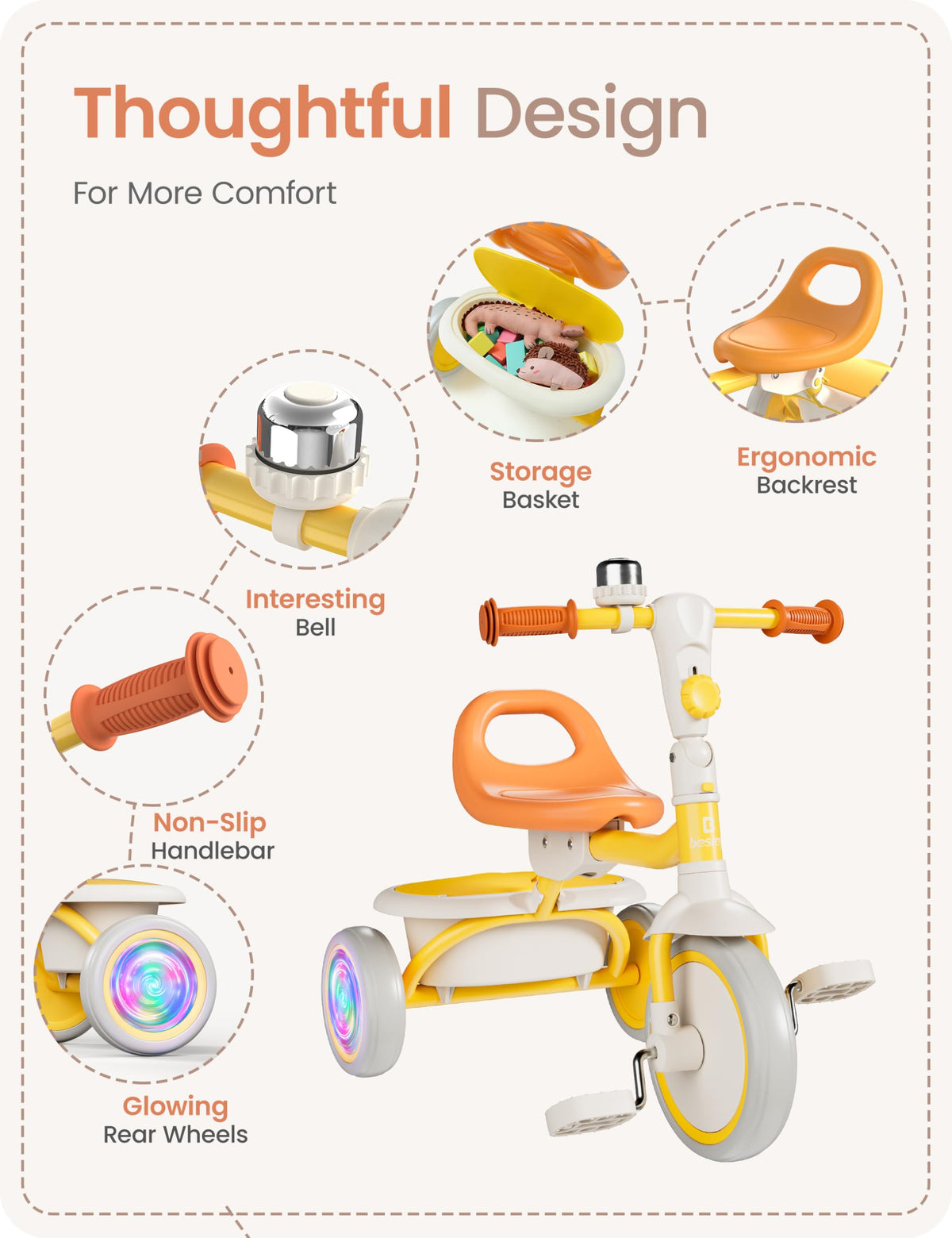 Besrey motion-activated LED wheels on the toddler tricycle illuminate rides.