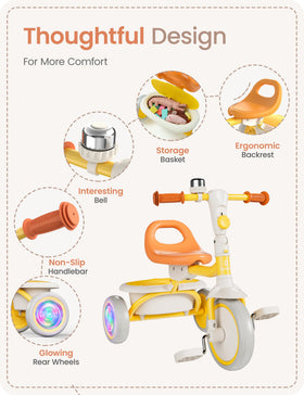 Besrey motion-activated LED wheels on the toddler tricycle illuminate rides.