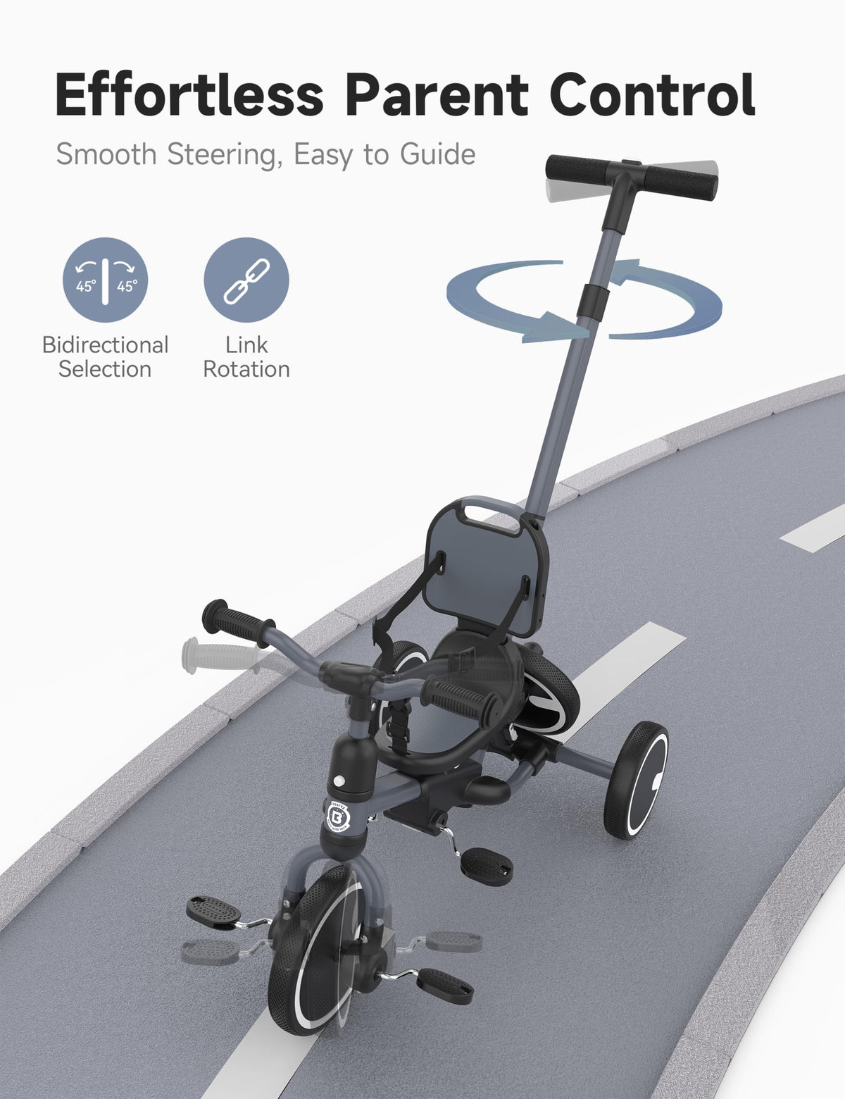 Besrey four-position push handle adjusts for parent comfort during walks.
