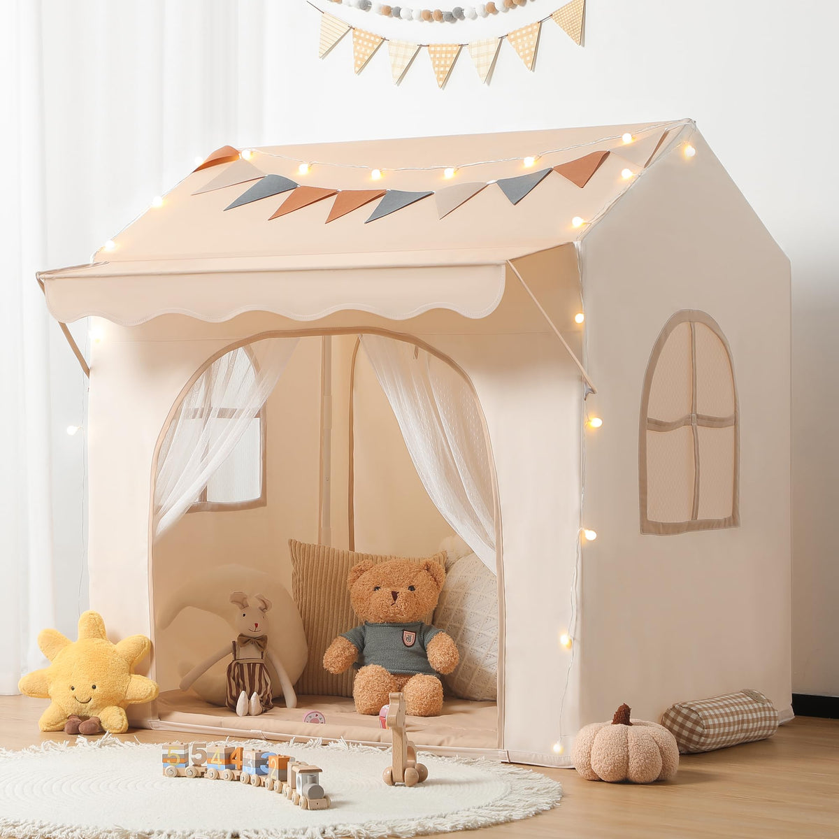 Besrey Kids Play Tent with Eave and lights creates a cozy, illuminated play nook.