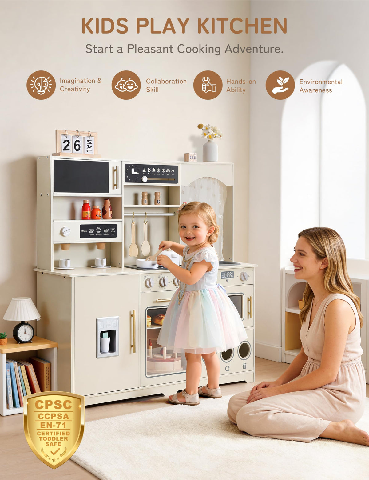 Besrey Play Kitchen includes 15 accessories for creative cooking scenarios
