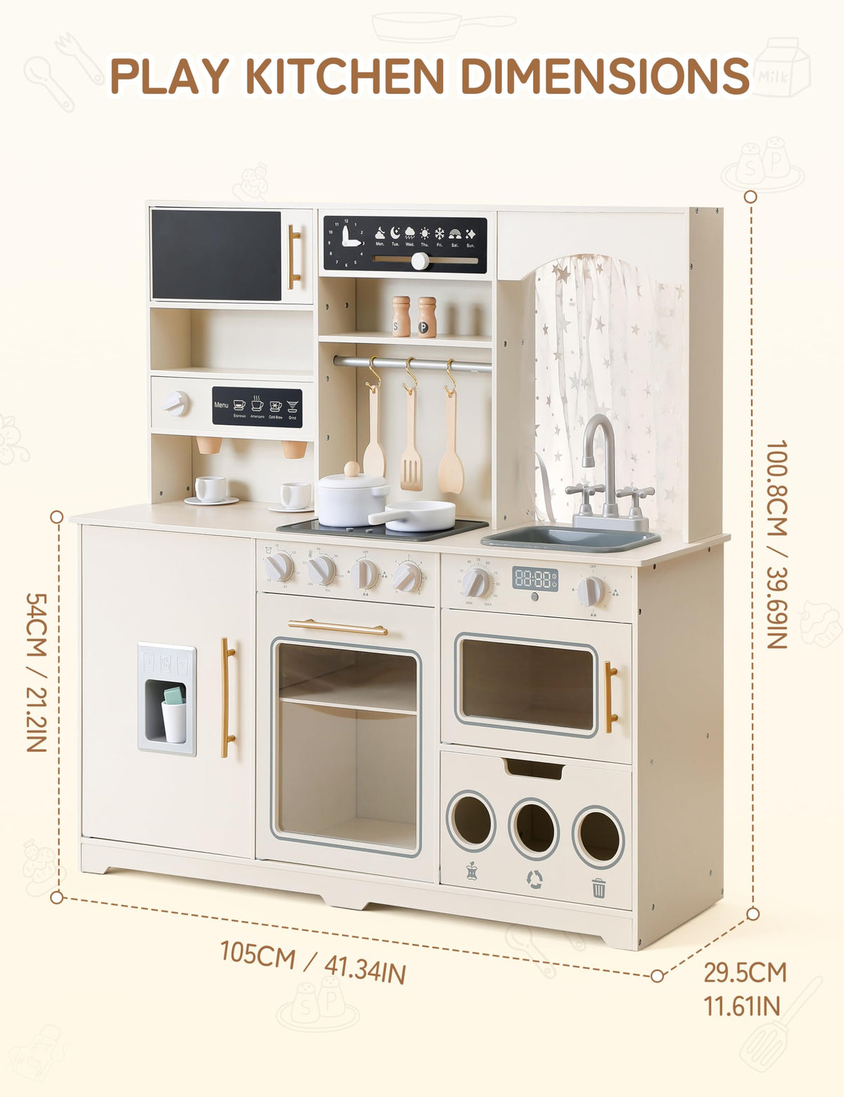 Besrey Play Kitchen dimensions show generous space for multiple kids to play