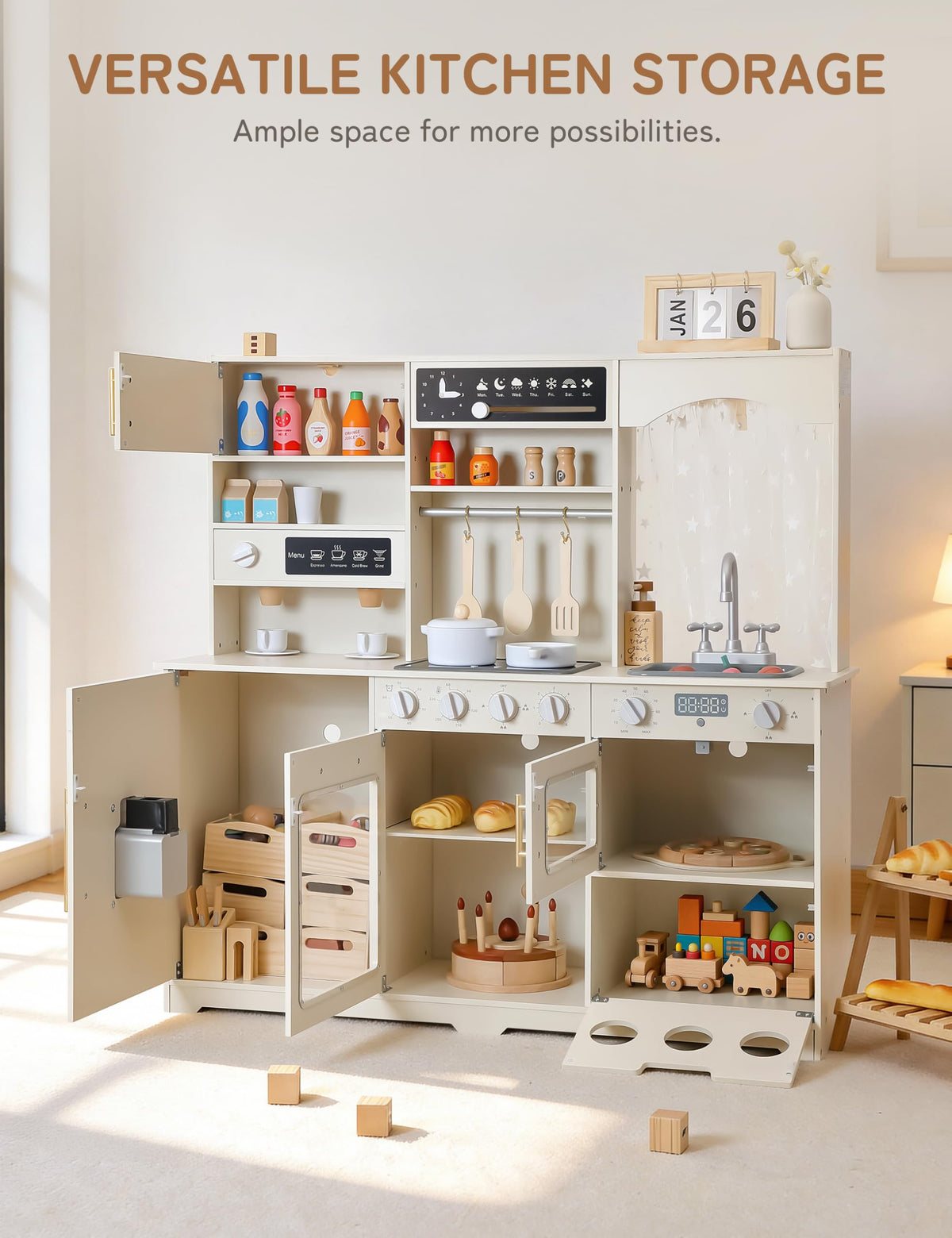 Besrey Play Kitchen garbage bin feature teaches cleaning up after play