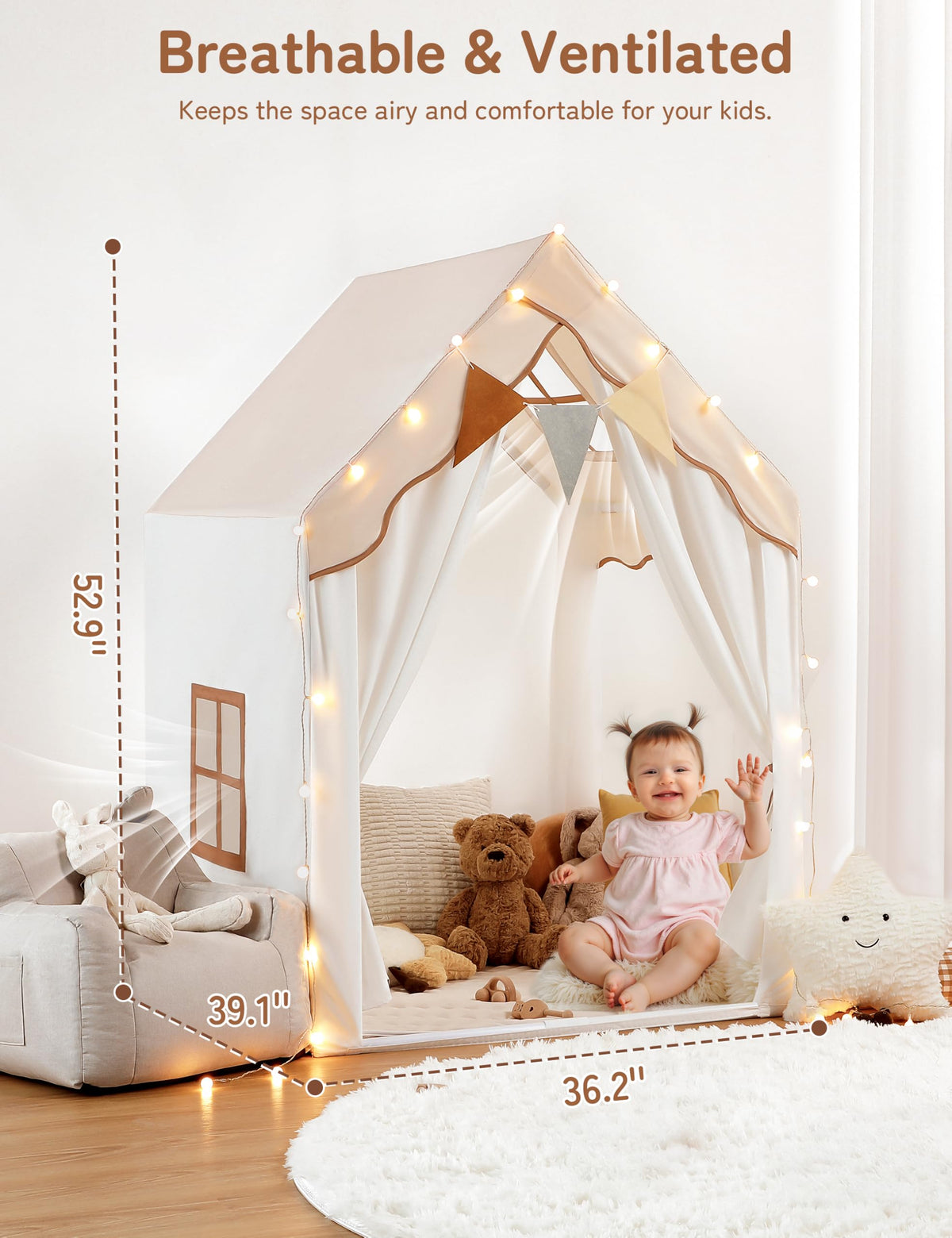 Besrey string lights and bunting creating magical ambiance inside the tent