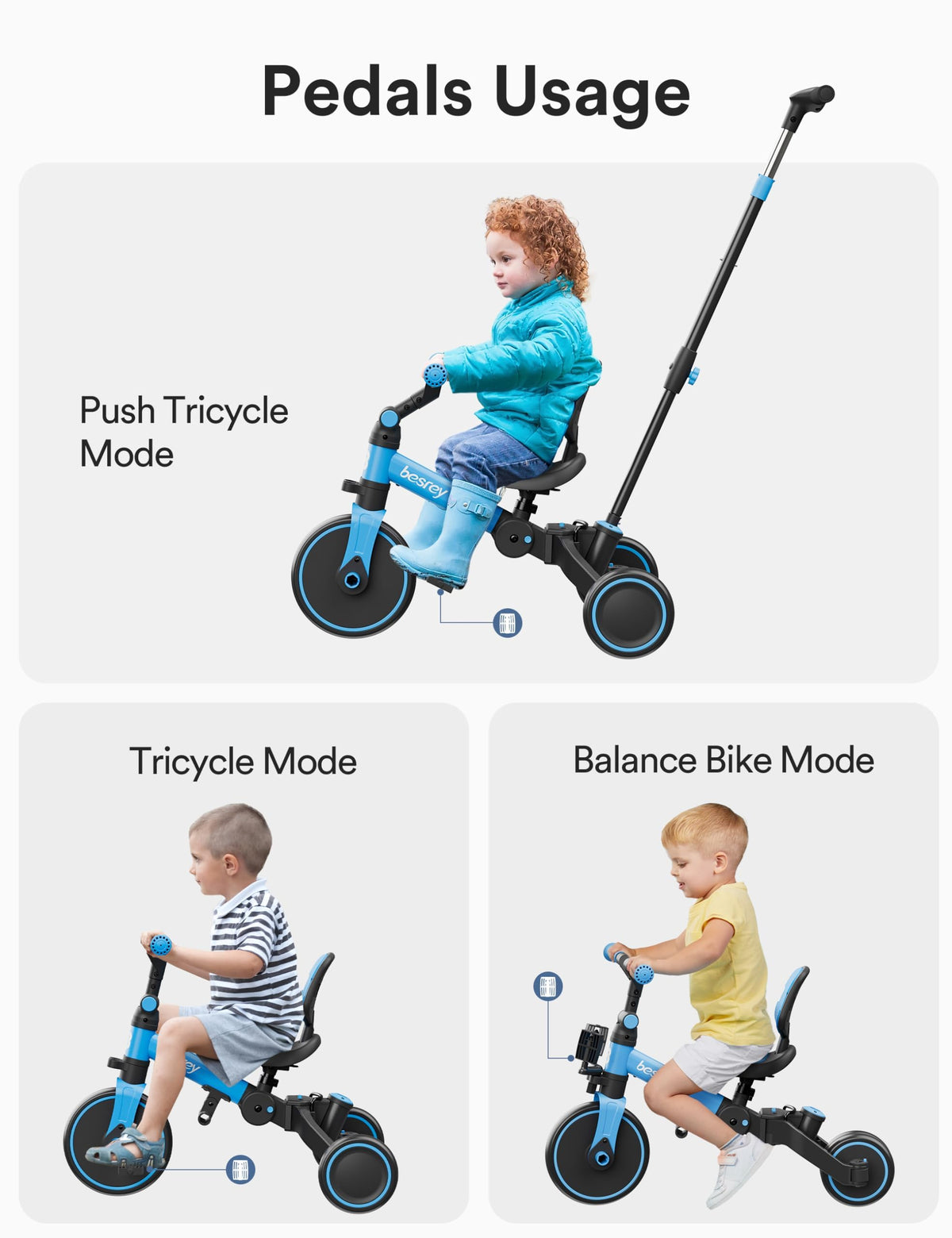 Besrey push tricycle blue enables active supervision during rides.