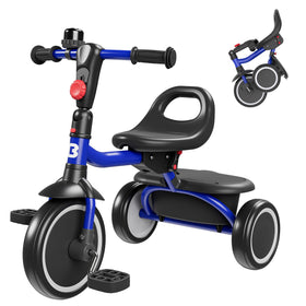 Besrey toddler tricycle blue front view promotes stable, beginner-friendly ride