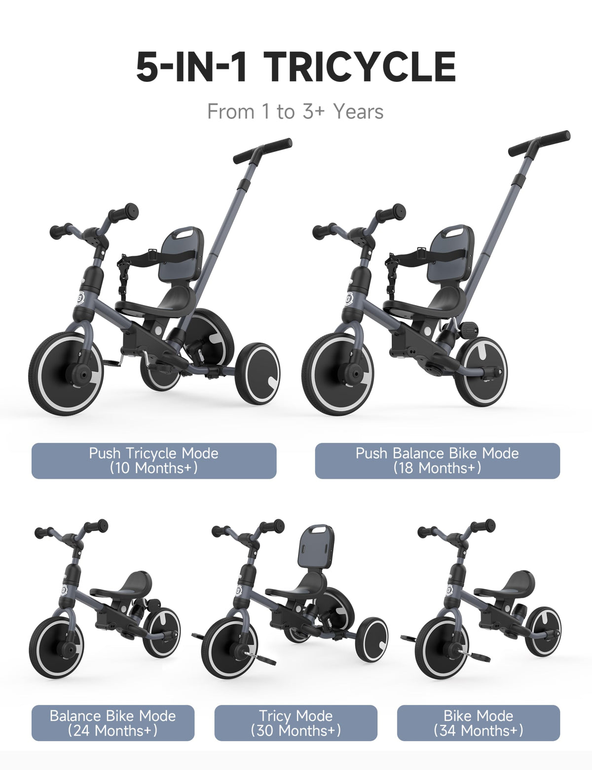 Besrey tricycle with detachable backrest for secure toddler seating.
