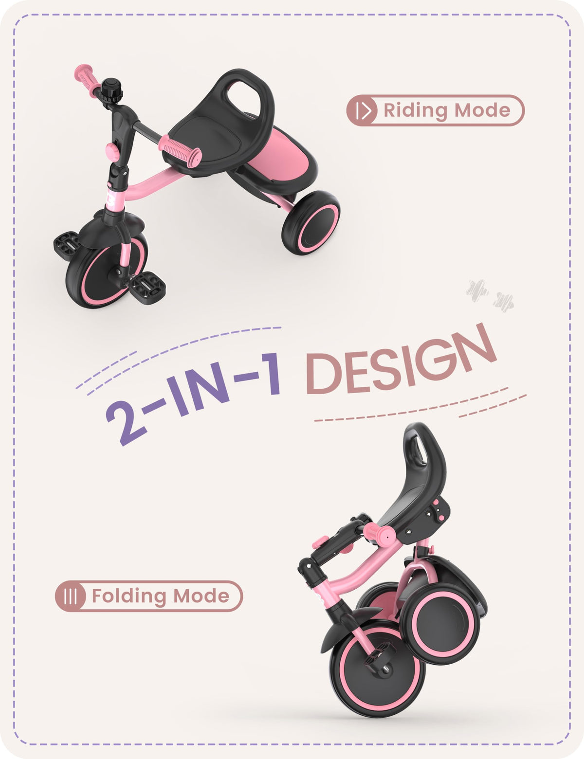 Besrey toddler tricycle pink side view with adjustable seating