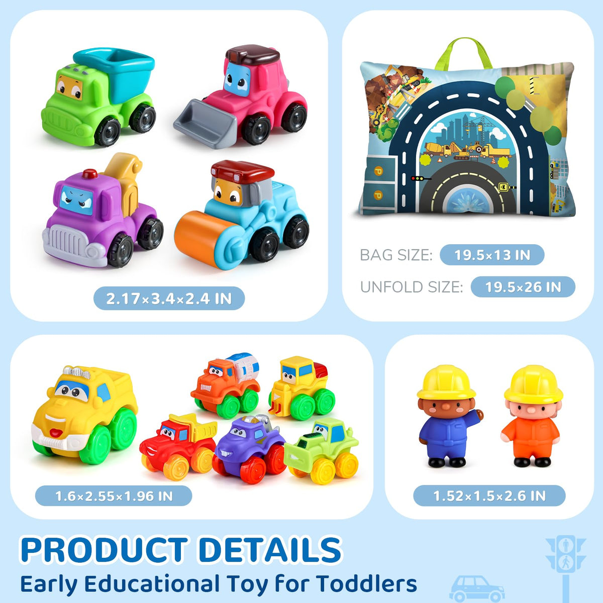 Bessome police car, fire truck, and bus set offers durable pretend play for kids.