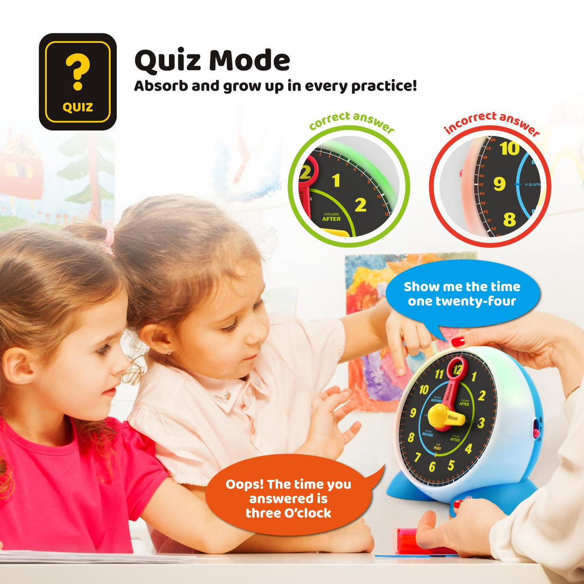 Award badges highlight BEST LEARNING clock as a trusted learning toy.