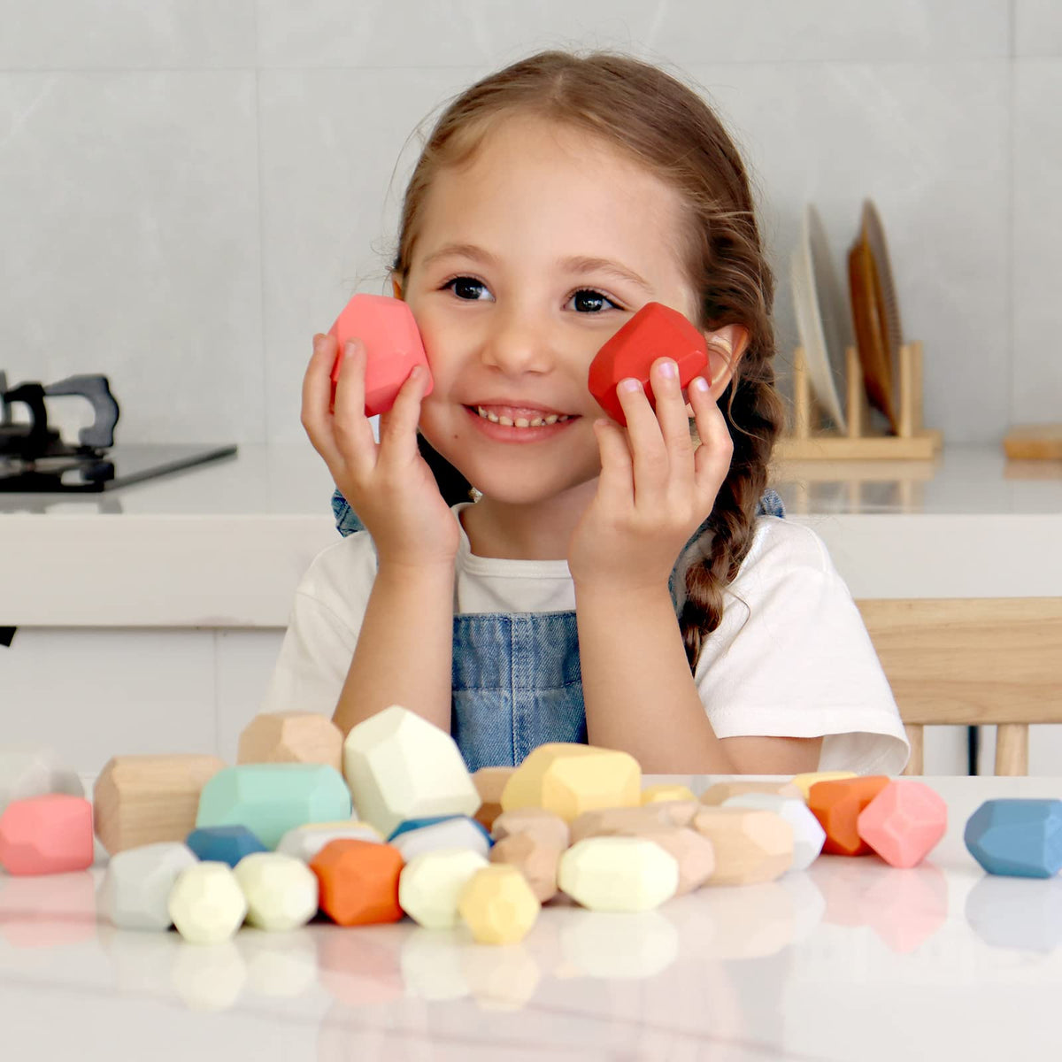 BESTAMTOY wooden stones stack top view highlights varied sizes for challenging balancing play